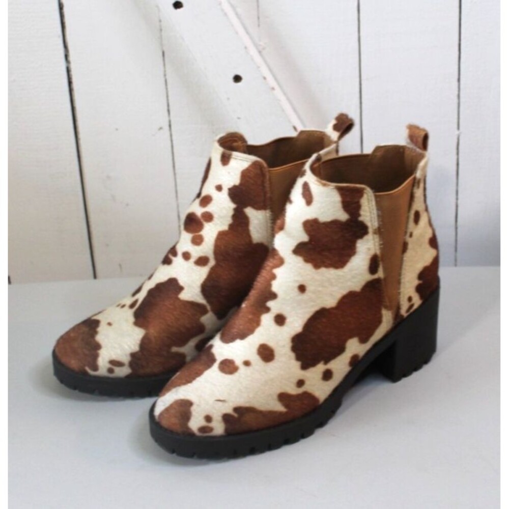 Cow Print Boots Chunky Heel Brown And Ivory Women's Size 6